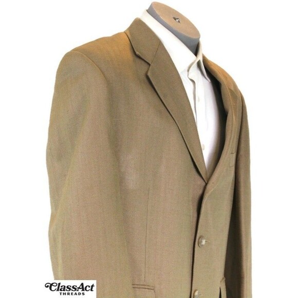 CHAPS Men's Brown 100% Silk Herringbone Sport Coat Blazer Suit Jacket 3 Btn 42S - Picture 3 of 9